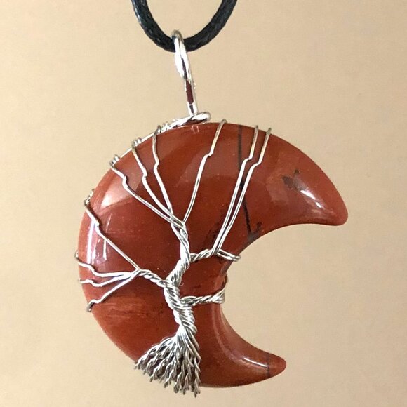 Red Jasper Crescent Moon Natural Gemstone Tree Of Life Wire Wrap Pendant - Picture 1 of 2